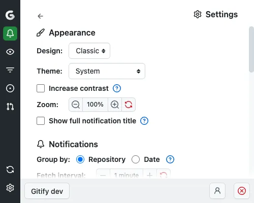 Screenshot for user preferences, settings